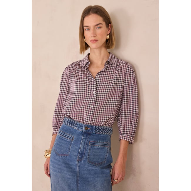 Chemise manches 3/4 à carreaux DAN bordeaux <span itemprop=