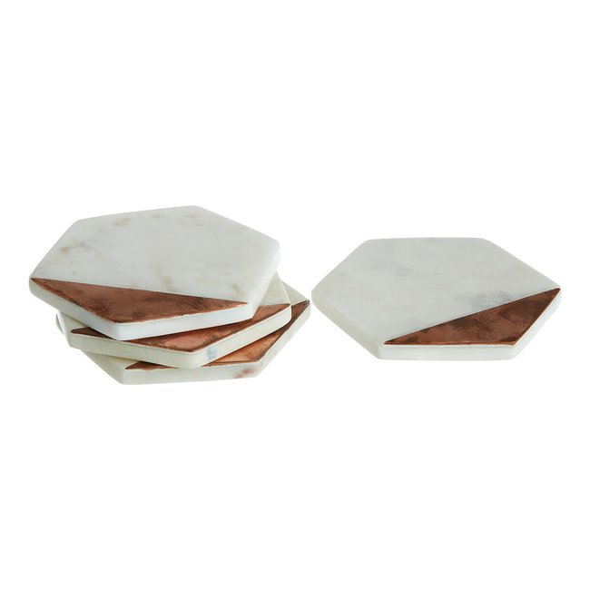 Set of 4 Hexagonal Marble & Copper Coasters, white, SO'HOME