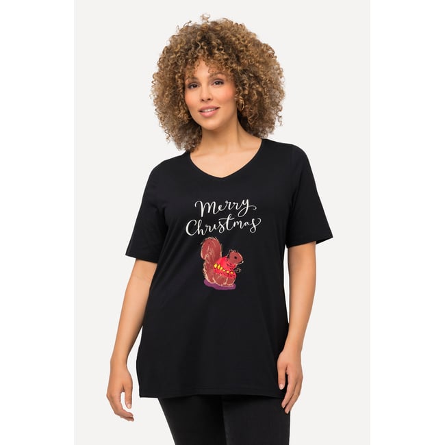 T-shirt de Noël à manches courtes et col V noir <span itemprop=
