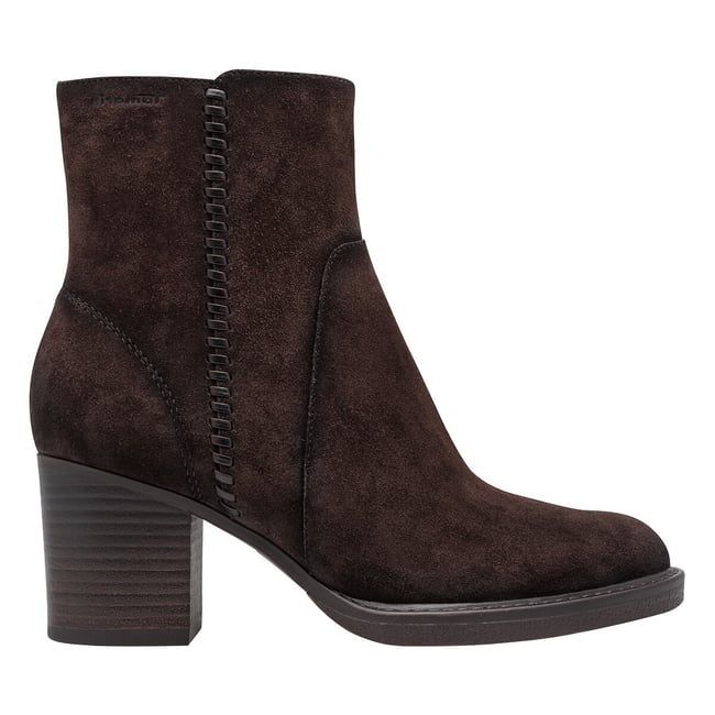 Bottines à talons, en cuir suède marron foncé <span itemprop=