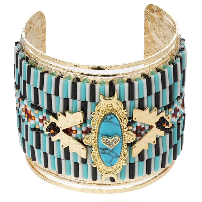Bracelet jonc martelé avec perles tissées et cabochon central ZELLIGE turquoise <span itemprop=