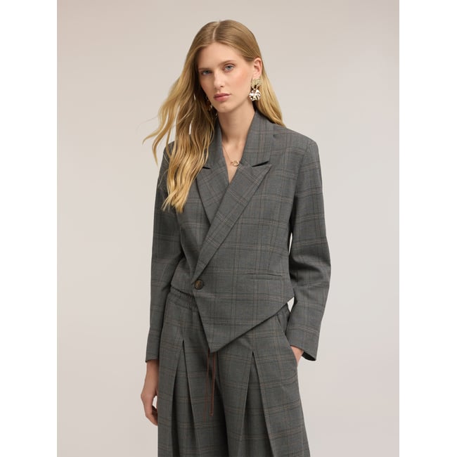 Blazer court à motif à carreaux gris <span itemprop=