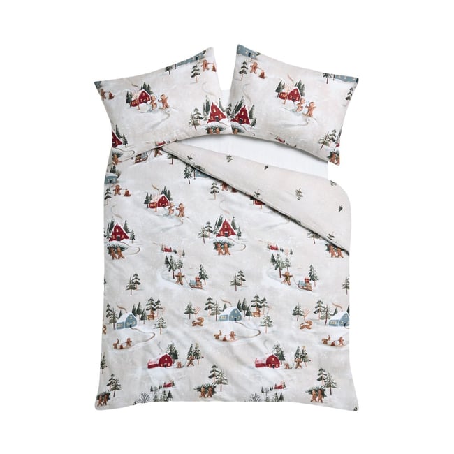 Parure de lit en coton brossé noël motif ski naturel <span itemprop=