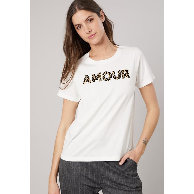 T-shirt regular femme en 100% coton inscription amour en léopard LYANA - DEELUXE