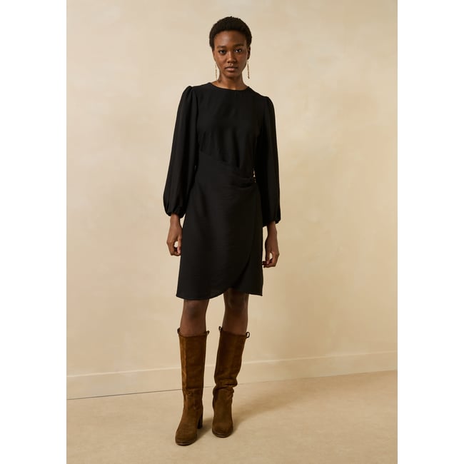 Robe midi cintrée noire portefeuille noir <span itemprop=