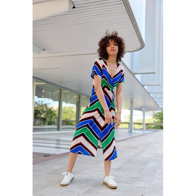 Vestido cruzado estampado de manga corta RITA rayas azul verde <span itemprop=