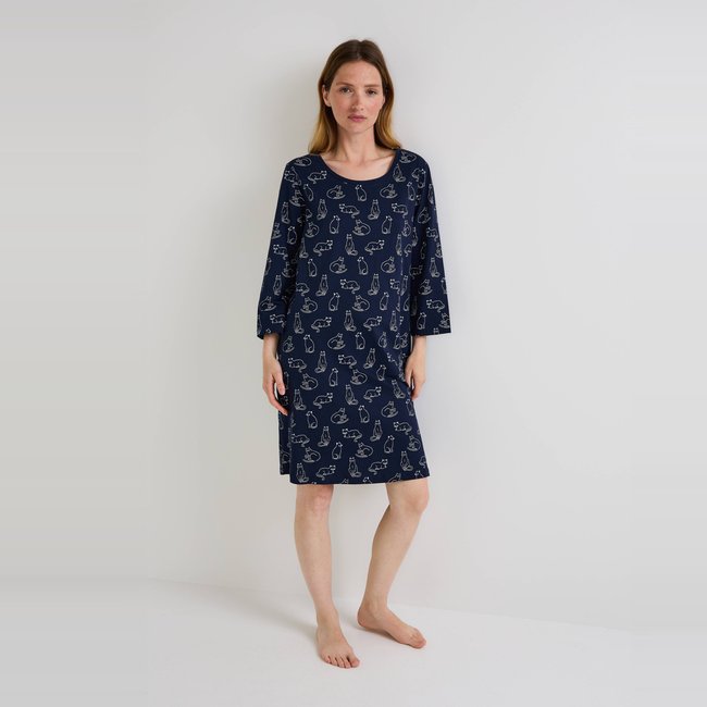 Chemise de nuit manches 3/4 imprimée en coton BIO marine <span itemprop=