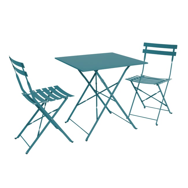 Table de jardin bistrot pliante métal + 2 assises EMILIA bleu canard <span itemprop=