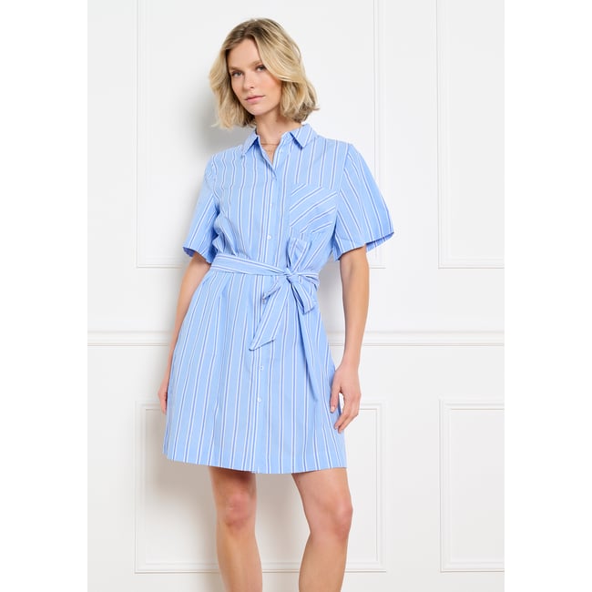 Robe chemise ceinturée rayée bleu <span itemprop=