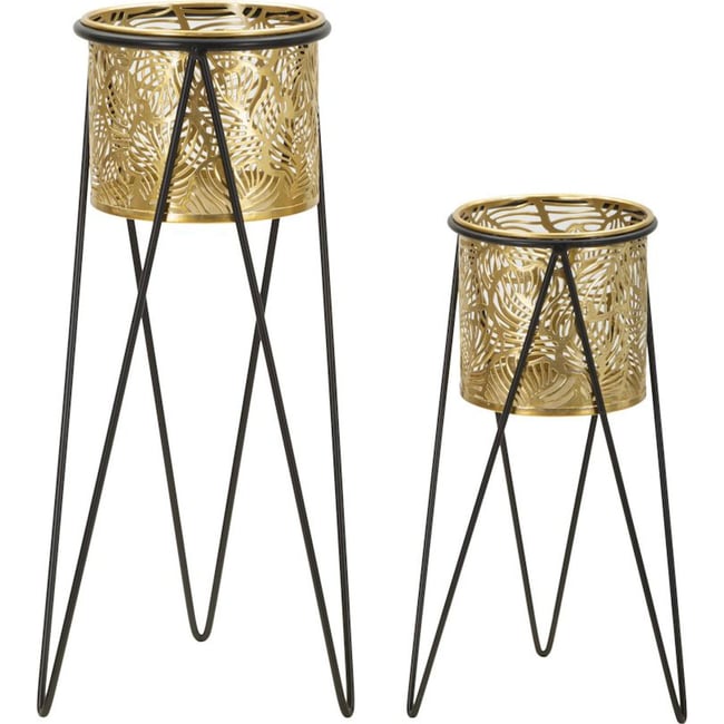 Lot de 2 cache-pots sur pied en fer ajouré GLAM Couleur noir et doré <span itemprop=