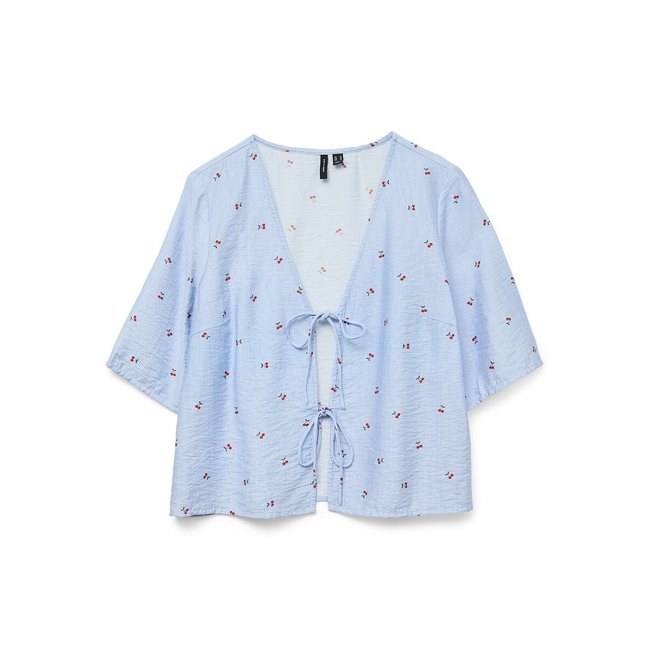 Blouse imprimée, nœuds devant  bleu ciel <span itemprop=