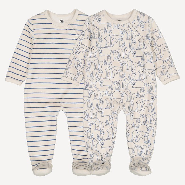 Lote de 2 pijamas de terciopelo de rayas y animales de 1 pieza azul/blanco <span itemprop=