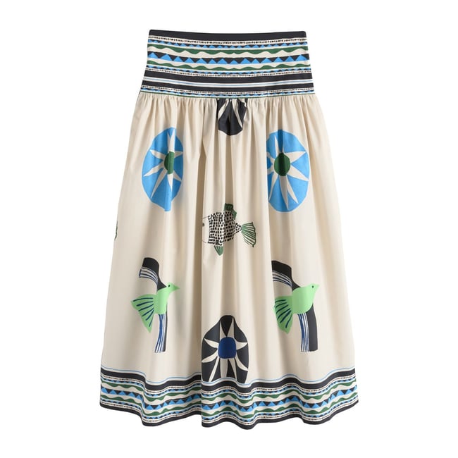 Jupe longue avec bordure à imprimé abstrait crème/bleu <span itemprop=
