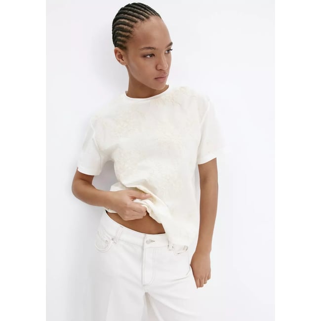 T-shirt coton broderie à fleurs écru <span itemprop=