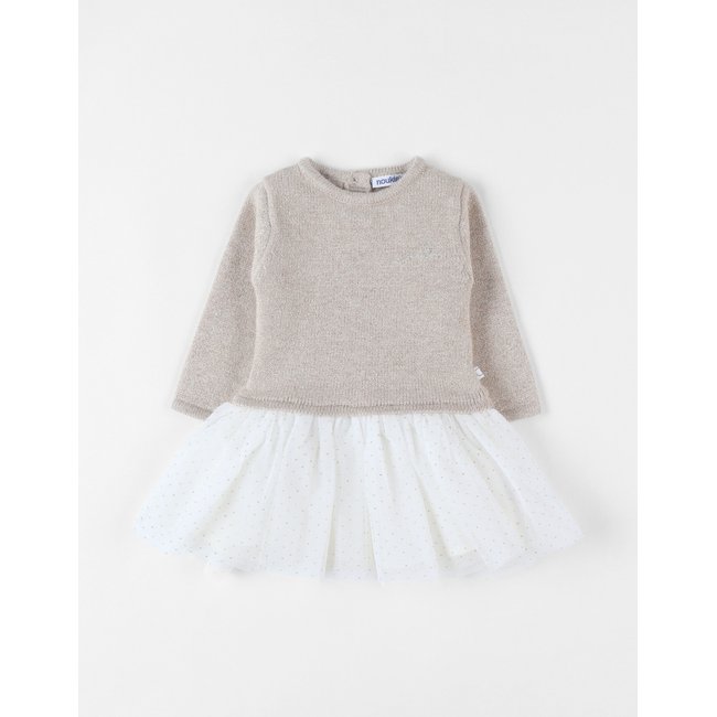 Robe bi-matière, tricot fil textile beige <span itemprop=