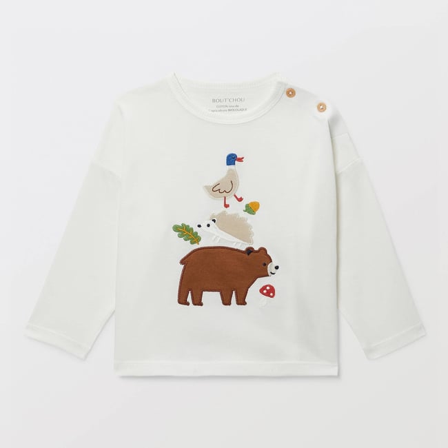 T-shirt manches longues imprimé en coton BIO GOTS ecru <span itemprop=