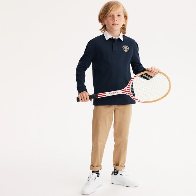 Embroidered Polo Shirt with Long Sleeves, navy blue, LA REDOUTE COLLECTIONS