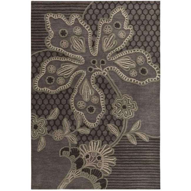 Tapis rectangulaire tufté main motif fleuri Couleur marron, beige <span itemprop=