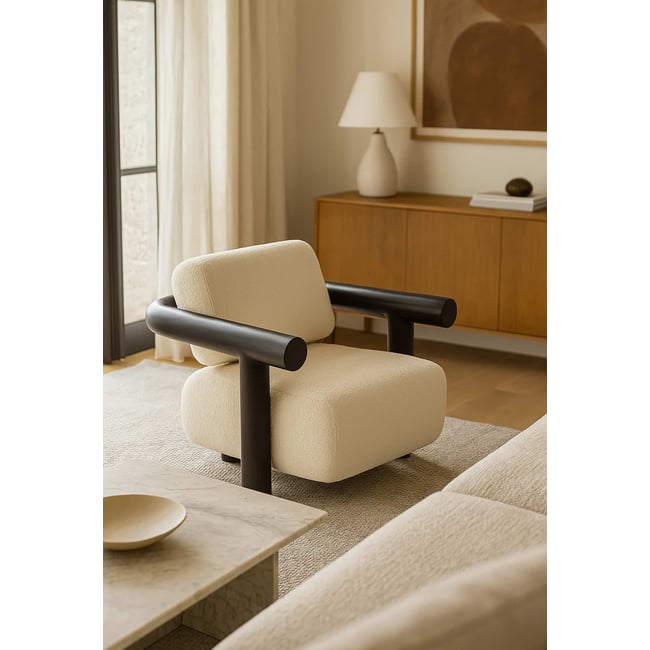 Fauteuil en bouclette et acier, Claude Couleur bouclette crème <span itemprop=