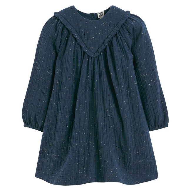 Robe manches longues en double gaze de coton bleu marine <span itemprop=