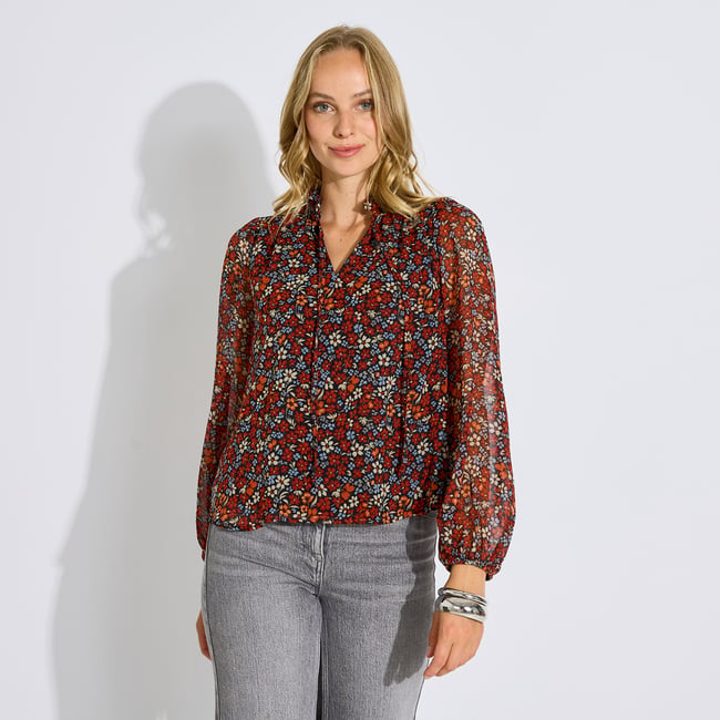 Blouse fluide col V imprimé fleuri noir <span itemprop=