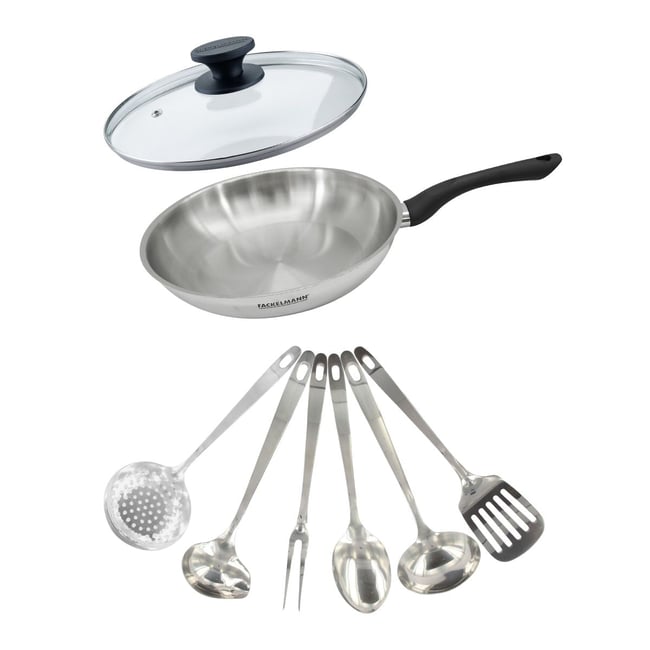 Set poêle 20 cm , couvercle verre et 6 ustensiles GENEVA inox|noir <span itemprop=