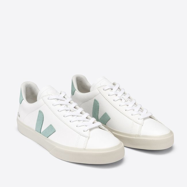 Кеды кожаные на шнуровке CAMPO CHROMEFREE белый + зеленый VEJA