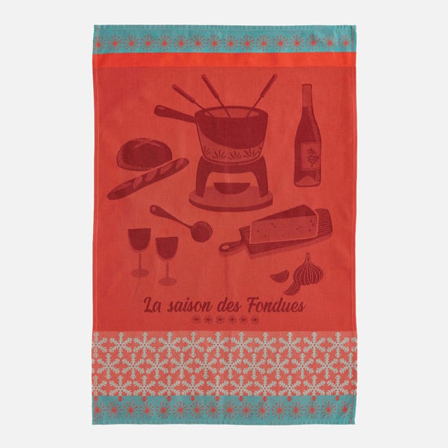 Torchon jacquard coton LA SAISON DES FONDUES rouge <span itemprop=