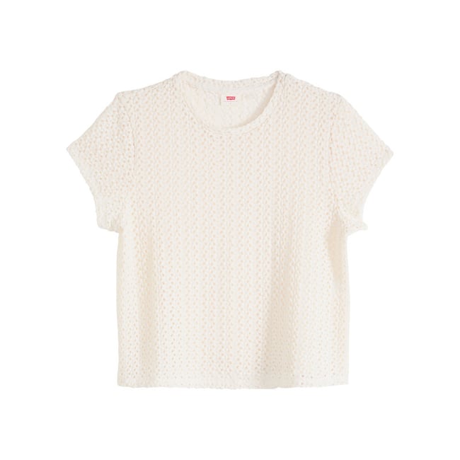 Top écru uni coupe droite avec effet maille ajourée sur le pourtour beige <span itemprop=