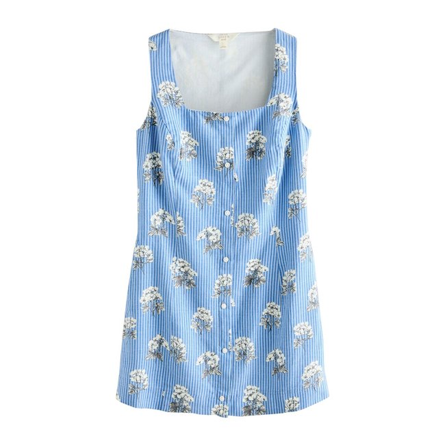 Robe courte droite boutonnée à col carré bleu motif fleurs <span itemprop=