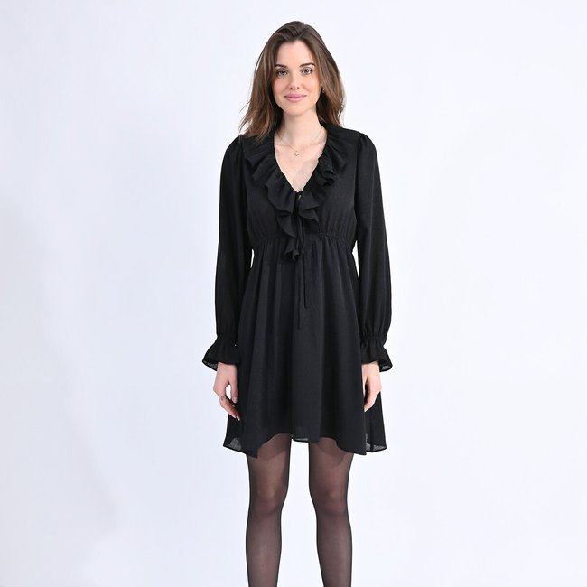 Vestido manga larga cuello con volantes negro <span itemprop=