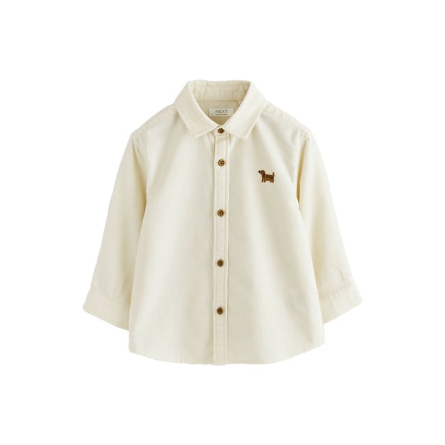 Chemise à manches longues en velours côtelé broderie chien écru <span itemprop=