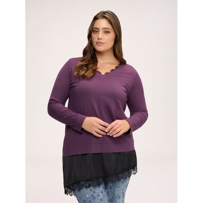 Pull avec volant contrastant violet <span itemprop=