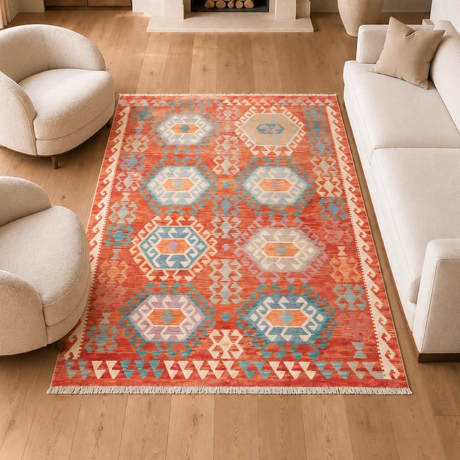 Tapis kilim, motif ethnique, tissage plat artisanal, KILIM 82 Couleur multicolore, bleu, orange <span itemprop=