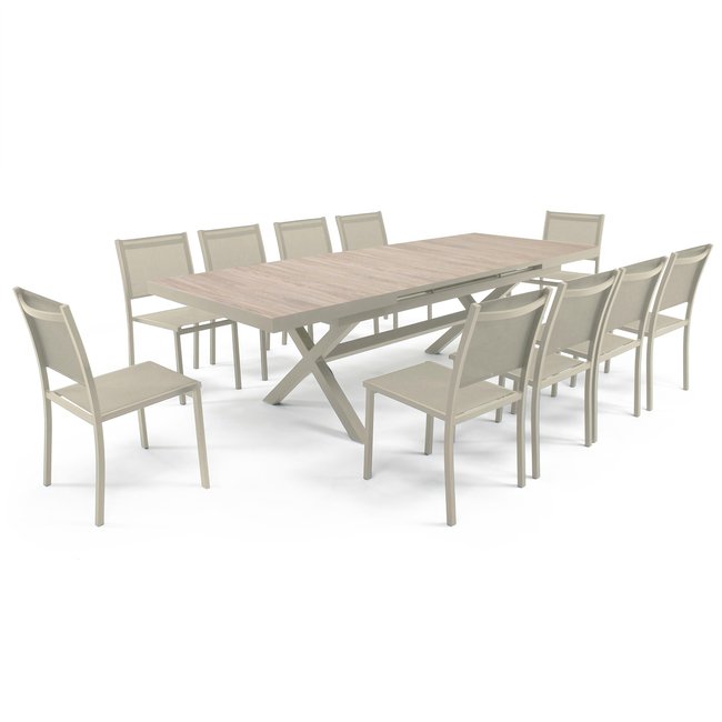 Table de jardin extensible céramique effet bois 200cm et 10 chaises, TIVOLI crème <span itemprop=