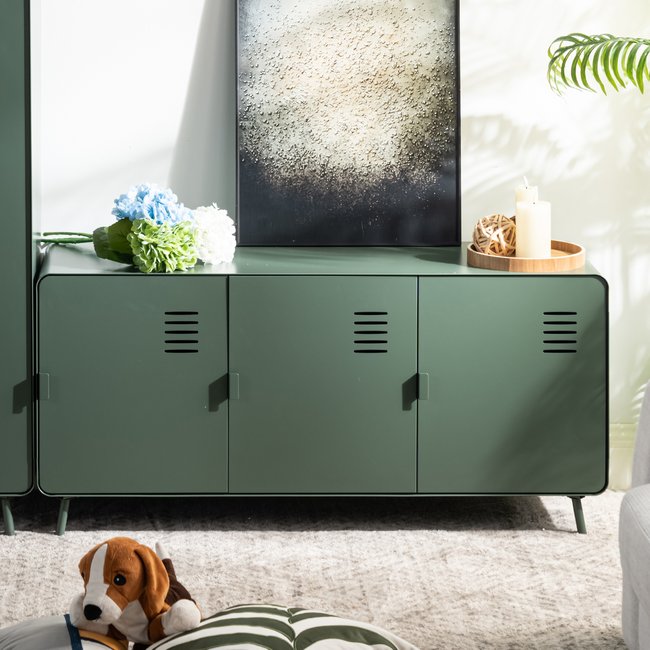 Armoire de rangement avec 3 portes et 2 couches en métal industriel, WALNUTCABINET Couleur vert foncé <span itemprop=