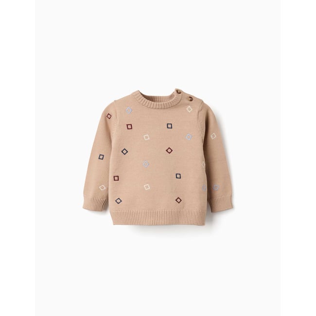 Pull en maille avec carrés brodés beige <span itemprop=