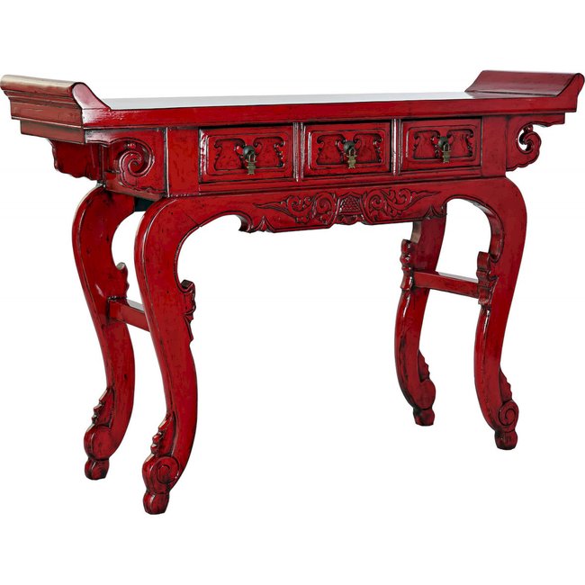 Console en bois sculpté, Oriental Couleur rouge vintage en orme avec finitions métalliques <span itemprop=