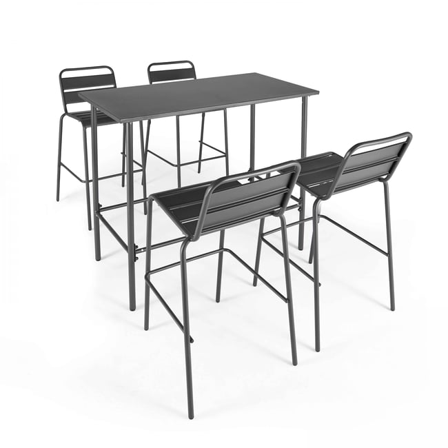 Salon de jardin table haute et 4 chaises de bar en métal, PALAVAS gris anthracite <span itemprop=