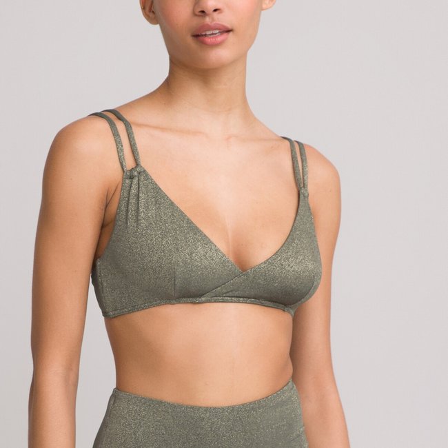 Parte de arriba de bikini triangular de material lamé caqui oscuro <span itemprop=