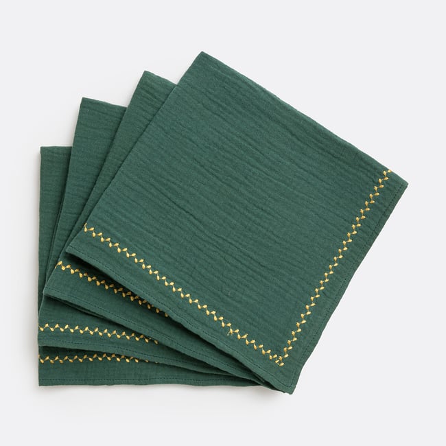 Lot 4 serviettes de table, Kumla brodé vert forêt <span itemprop=
