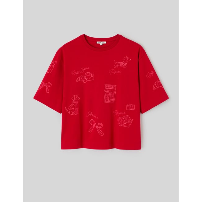 T-shirt brodé devant /dos rouge <span itemprop=