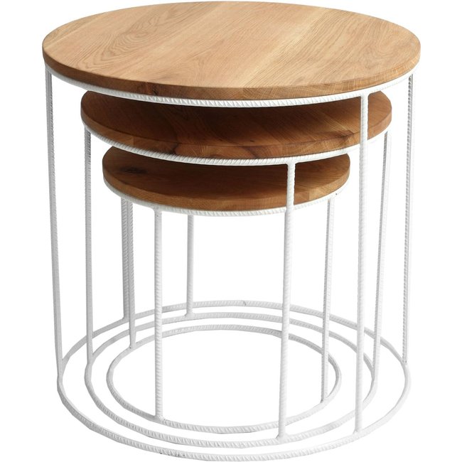 Tables gigognes bois et métal rondes Trios Couleur blanc, bois clair <span itemprop=