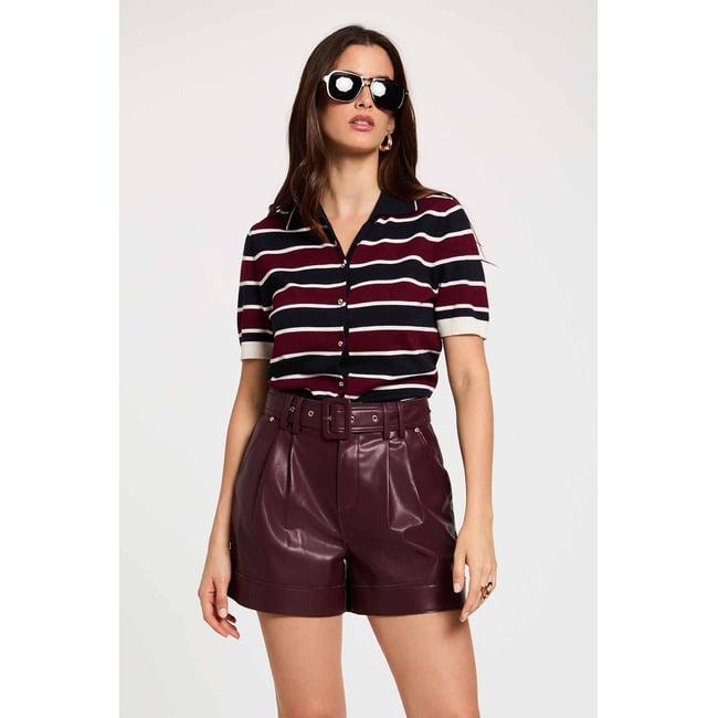 Pull col polo rayé bordeaux <span itemprop=