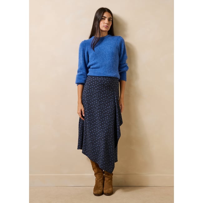 Jupe midi asymétrique à imprimé graphique bleu <span itemprop=