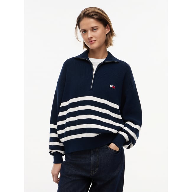 Pull à rayures col zippé marine/écru <span itemprop=