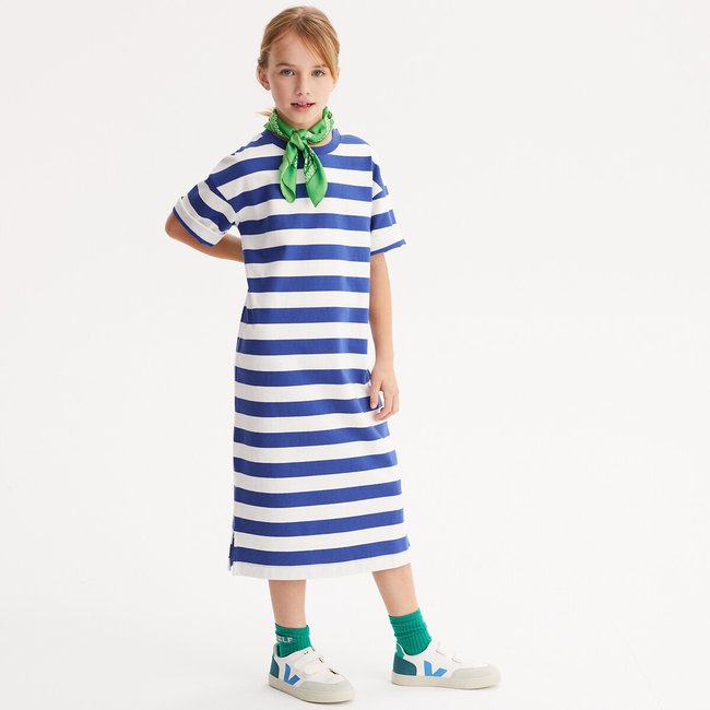 Robe-T-shirt rayée à manches courtes rayé écru/bleu <span itemprop=