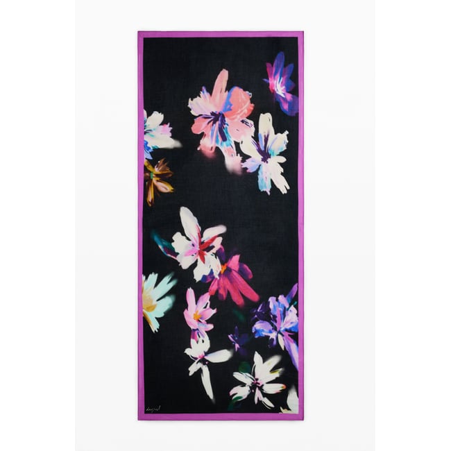 Foulard rectangulaire à fleurs noir <span itemprop=