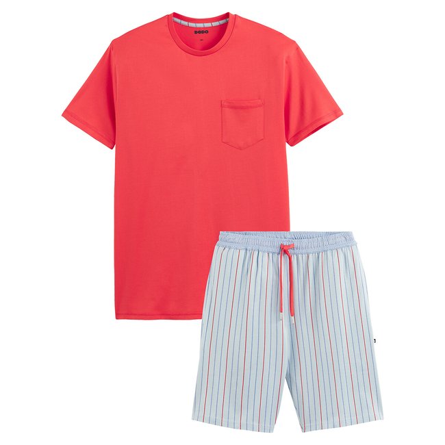 Crew Neck Short Pyjamas, bright red+blue print, DODO
