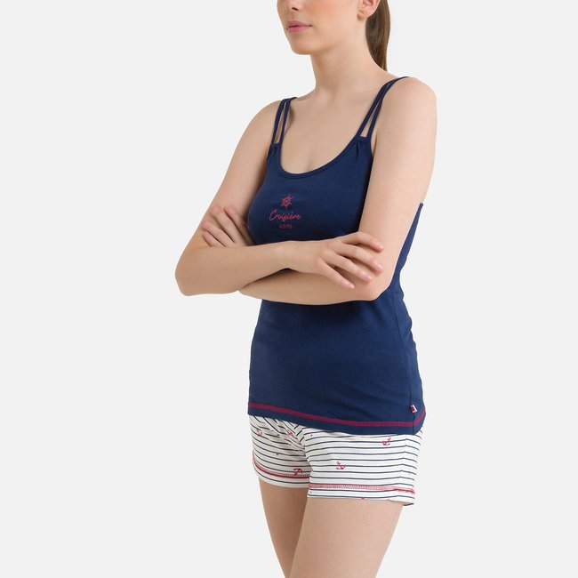Kurzpyjama, schmale Träger, Baumwolle Eau marine/weiss <span itemprop=